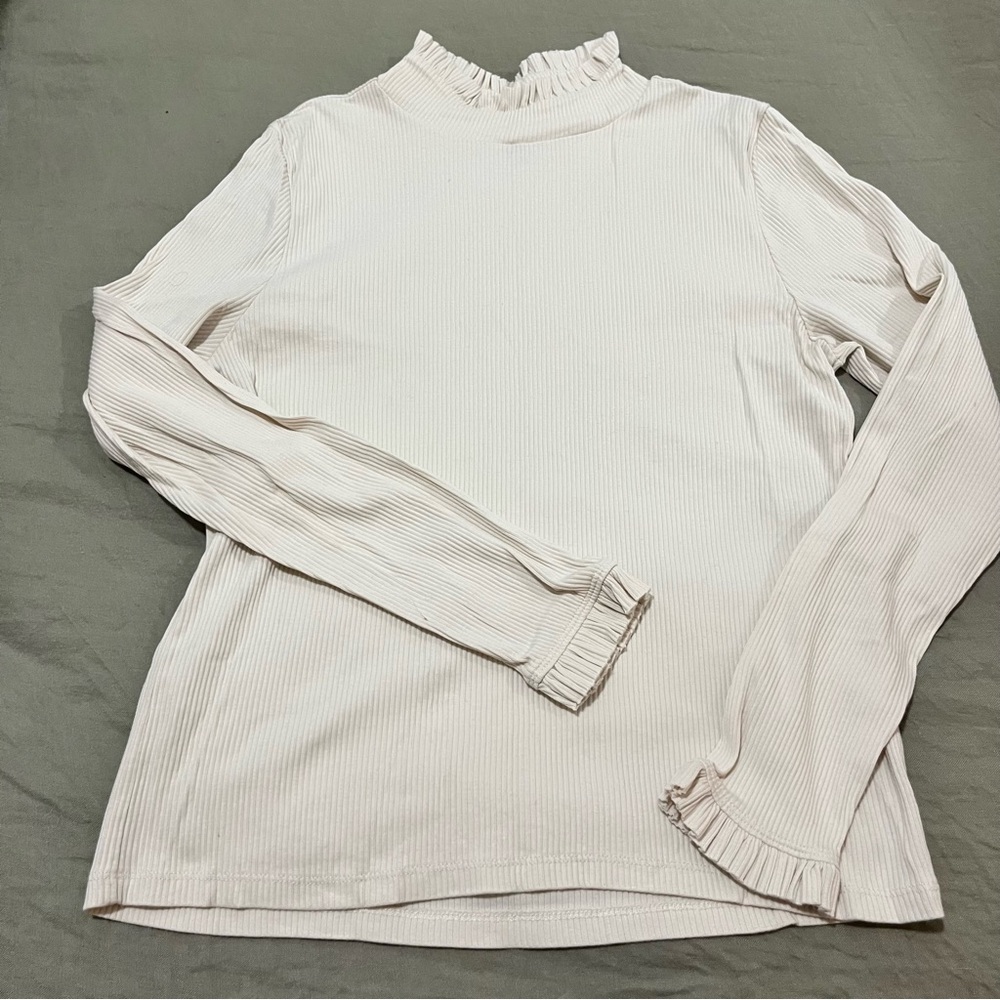 J. Crew Cream Ribbed Long-Sleeve Ruffle Mock Neck Top